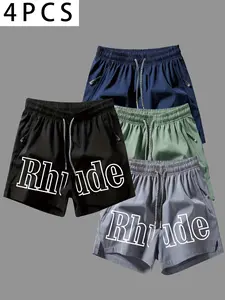 4 Pcs Men's Trendy Rhude Letter Print Shorts, Quick-Dry Lightweight Breathable Drawstring Zip Pocket Shorts, Sporty Slim-Fit