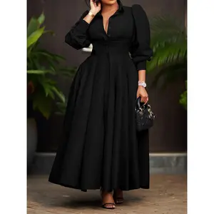 Plus Size Elegant Long Sleeve Midi Dress for Women - Solid Black with Button Front Collar, Flared Hem, All-Season Versatile Office Casual Wear, Machine Washable, Classic Outfit