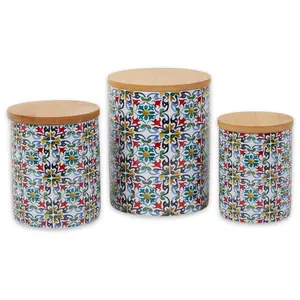 Design Imports Set of 3 Floral Tile Ceramic Can isters Design Imports Set of 3 Floral Tile Ceramic Can isters
