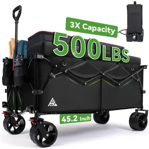 Extended Collapsible Wagon, 500 LBS Wagons Carts Foldable, Heavy Duty Beach Wagon with Big Wheels for Sand, 300L Large Capacity Foldable Wagons, Utility Grocery Cart for Garden,