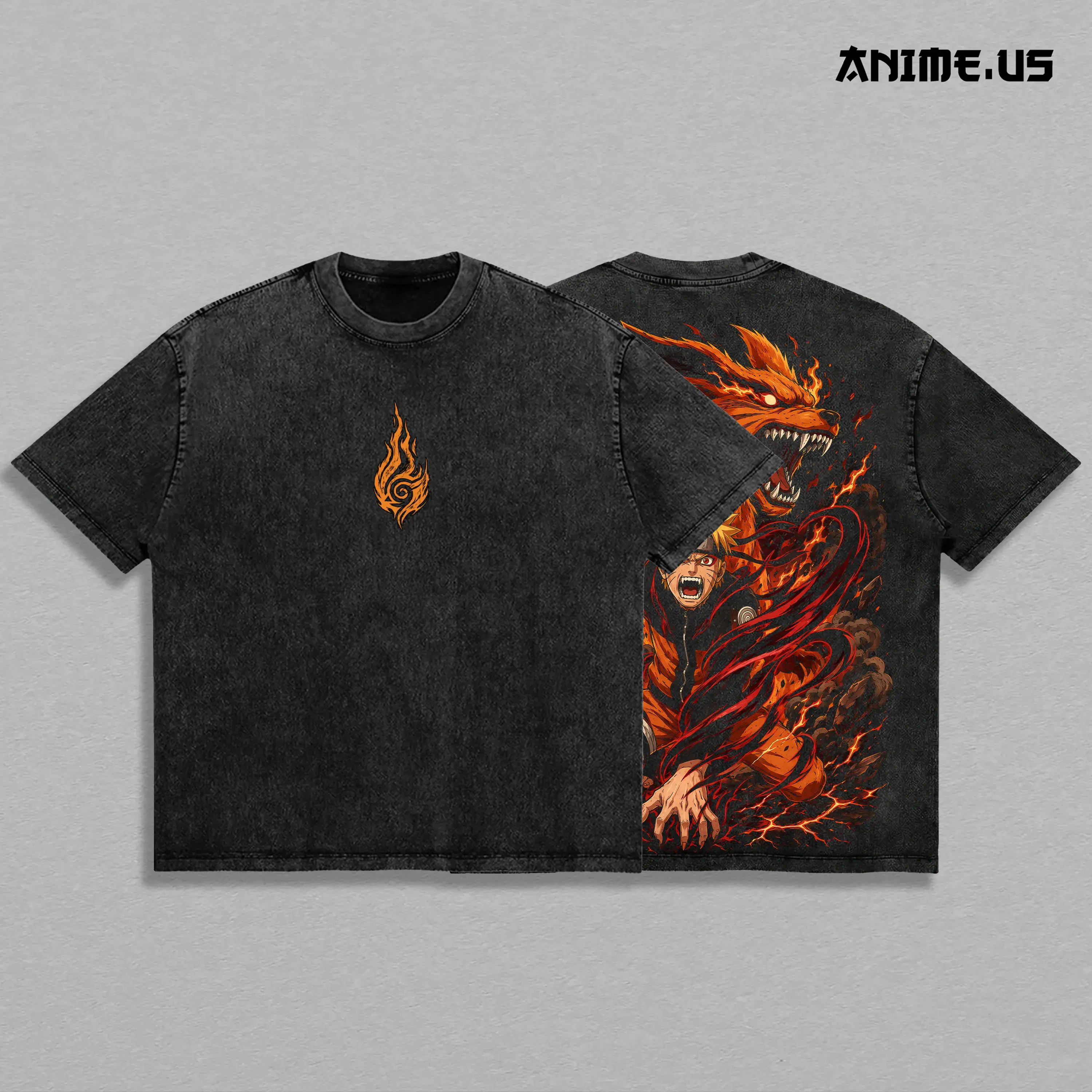 Naruto Kurama Nine Tails Vintage Washed Graphic T‑Shirt, Unisex Oversized Heavy‑Cotton Tee, Sage of Six Paths Anime Manga Streetwear Casual Top