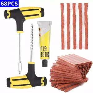68PCS Car Tire Repair Kit With Plug, 2PCS T Handle Vehicle Tyre Repair Tools With 65PCS Strings, Auto Patch Set to Fix Punctures Plug Flats, Universal for Tractor, ATV, Motorcycle