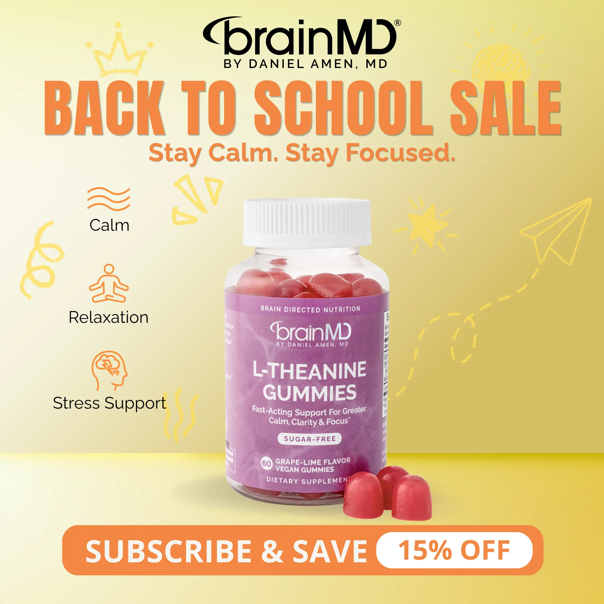 L-Theanine Gummies | BrainMD | 60 Gummies | Stress & Anxiousness Relief | Calm Focus & Restful Sleep Support | L-Theanine