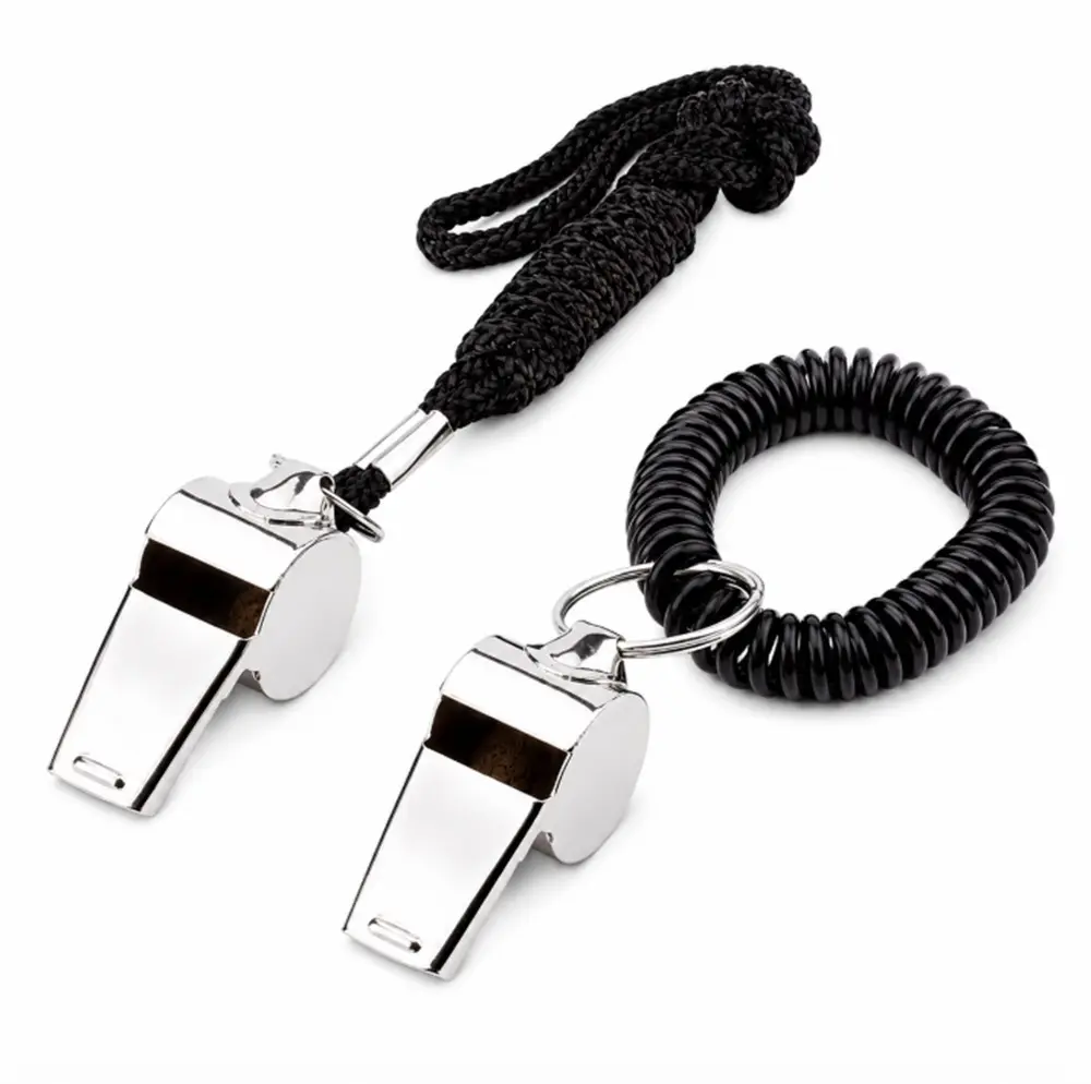 TIKA 2-Pack Metal Referee Whistles with Black Lanyards, High-Decibel Sports and Emergency Whistles