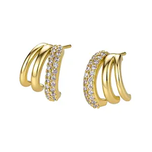 Aurem 14K Gold Plated Triple Row Hoop Earrings for Women, Multi-Layer Pave Zirconia C-Shape Earrings, Hypoallergenic Non-Tarnish Trendy Jewelry