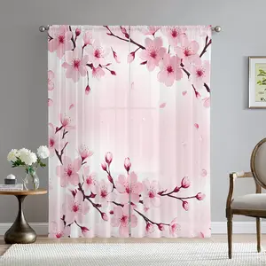 2 Pieces Pink Cherry Blossom Transparent Curtains - Lightweight, Transparent Design, White Background, Suitable for Living Room and Bedroom Decor, High definition Digital Printing, Natural Style, Home Decor Style, Window Curtain