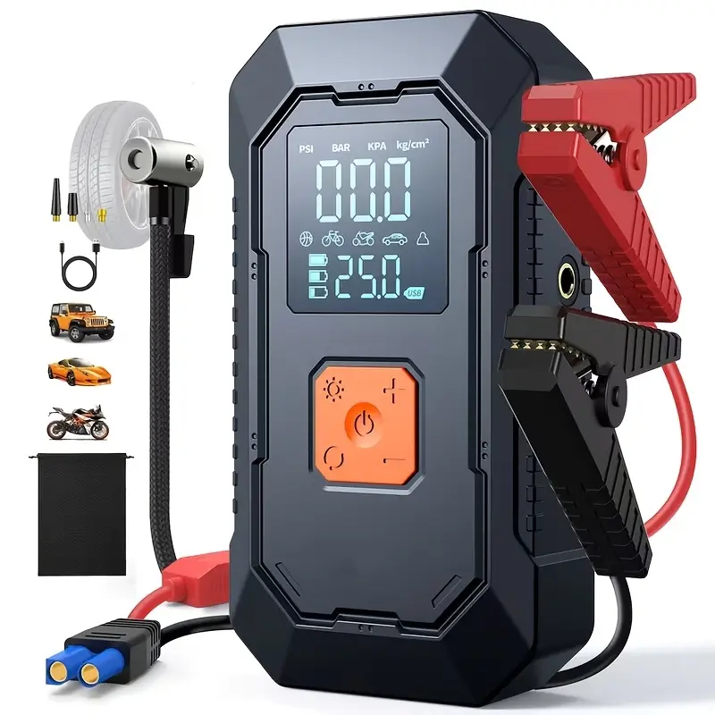 Portable Car Air Pump & Emergency Jump Starter - 12V, Digital Tire Pressure Gauge, LED Light, Compact Design, Suitable for Inflating Gasoline/Diesel Engine Tires and Car, Motorcycle, and Bicycle Tires - Essential Road Trip Accessory!