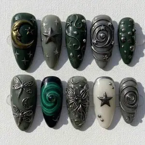 Celestial Forest Reusable Press-On Nails, Green Moon Star Decor Pieces for Nail Art Accessory Use
