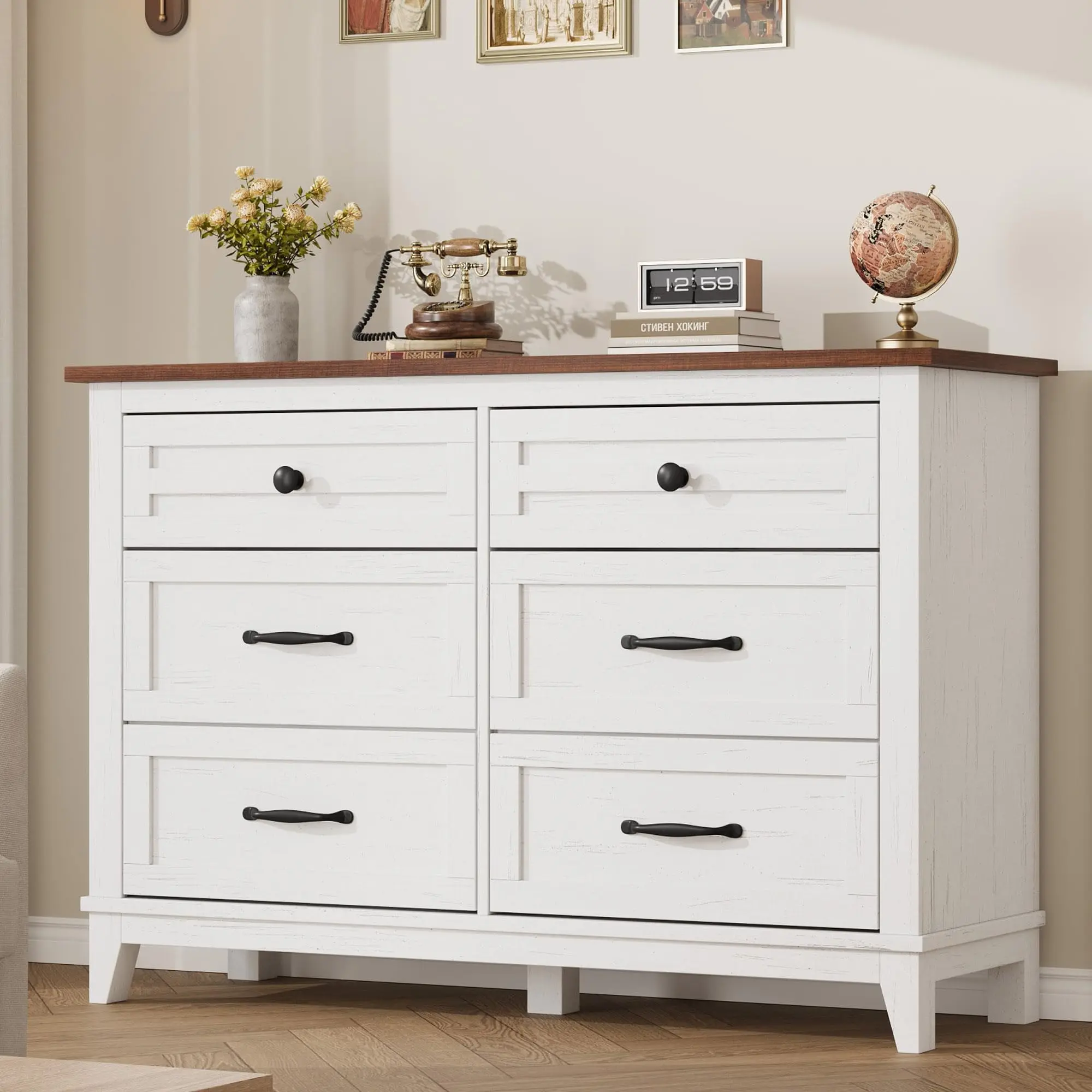 6-Drawer Rustic MDF Wood Dresser Set, 47" Wide Sturdy Chic Free-Standing Drawer Organizer, Practical Slide-Out Storage Cabinet for Bedroom, Living Room