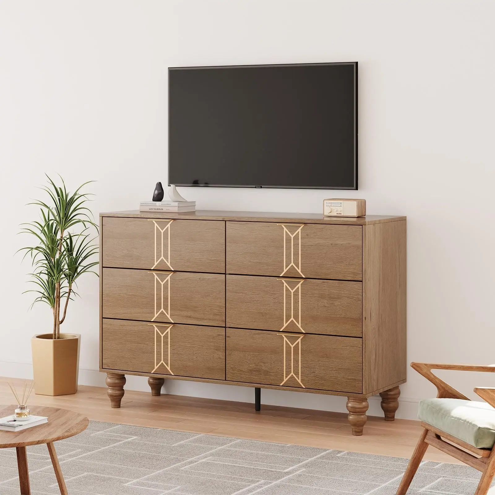 GARVEE 6 Drawer Dresser With Deep Drawers For Bedroom, Modern Wooden Chest Dresser With Deep Drawers With Vintage Pattern Design