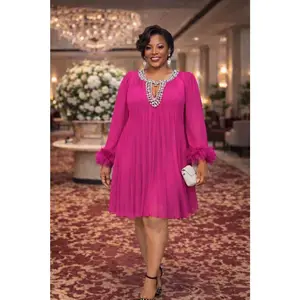 Classy Pink Rhinestone Embellished Feathered Pleated Twirl Skater Midi Dress Summer Wedding Guest Outfit Birthday Party Cocktail Church Gala Anniversary Photoshoot