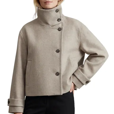 Hixiaohe Women's Chic Funnel Collar Polyester Fabric Pea Coat - Long Sleeve, Single Breasted, Short Cropped, Drapey Winter Warm Holiday Jacket with Pockets, Buttons, Elegant Casual Outwear for Dresses, Leggings