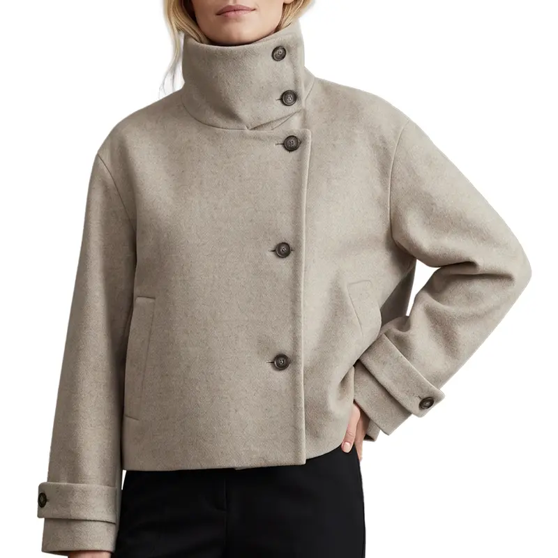 Hixiaohe Women's Chic Funnel Collar Polyester Fabric Pea Coat - Long Sleeve, Single Breasted, Short Cropped, Drapey Winter Warm Holiday Jacket with Pockets, Buttons, Elegant Casual Outwear for Dresses, Leggings