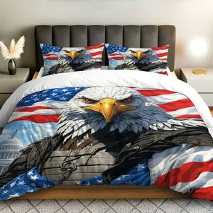 3PCS Duvet Cover Set, 1 Duvet+2 Pillowcases(Without filler), Eagle American Flag Patriotic Capitol theme, Independence Day bedding set, USA Bedding Patriotic Home Decor Suitable for decoration Bedroom Living Room Guest Room Hotel.