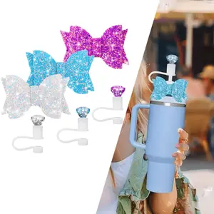 3 sets 3.5 inch Bow Ties and Diamond Straw Topper for Cup (PINK/BLUE/WHITE) Beauty & Personal Care Decoration Drinkware