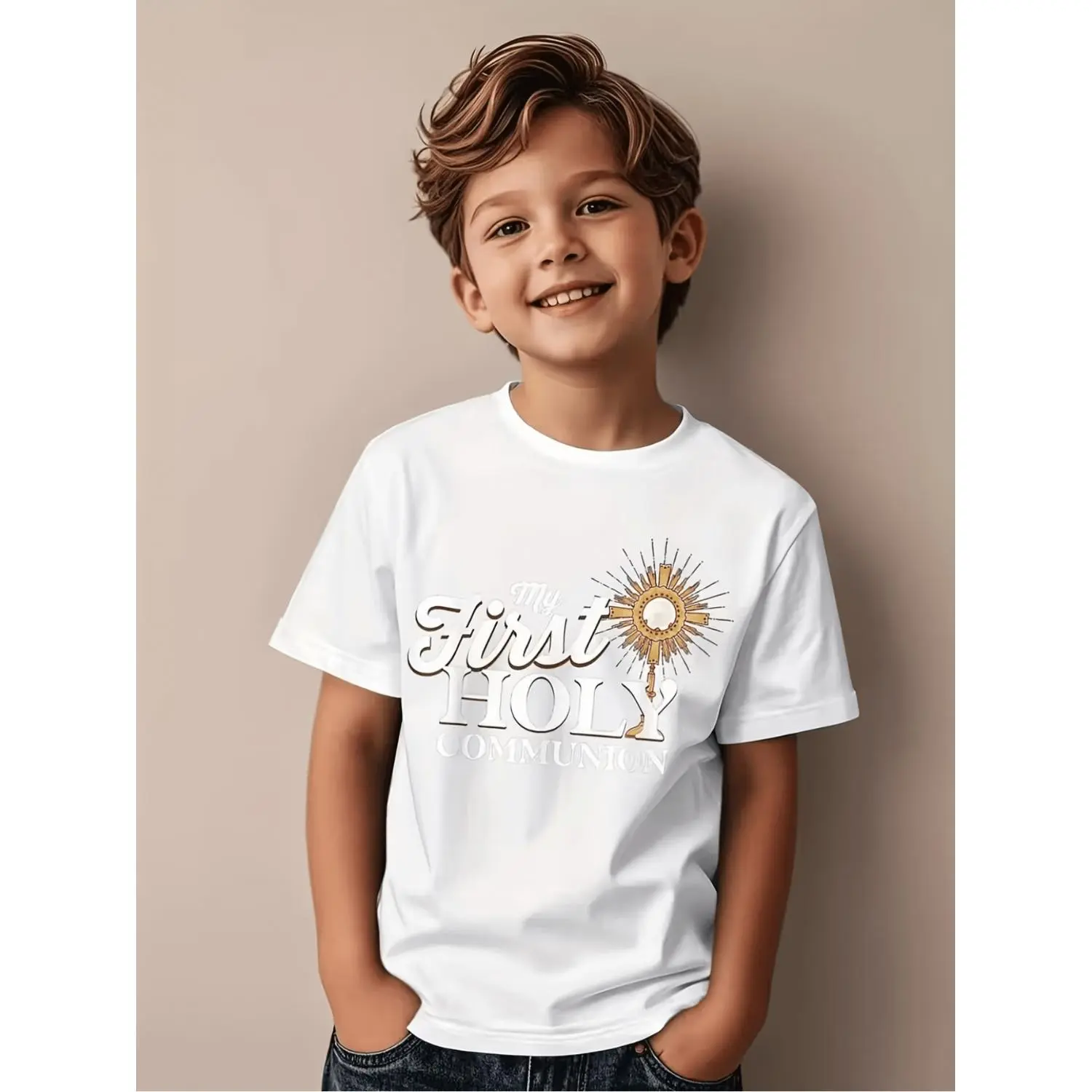 Boys' First Holy Communion Graphic T-Shirt, Casual Round Neck Short Sleeve Top in a Soft Cotton-Polyester Blend, Short Sleeves, Graphic Print, Soft Fabric, Clothes, Child Sized Boys' T-Shirts, Short Sleeve Tops, Breathable