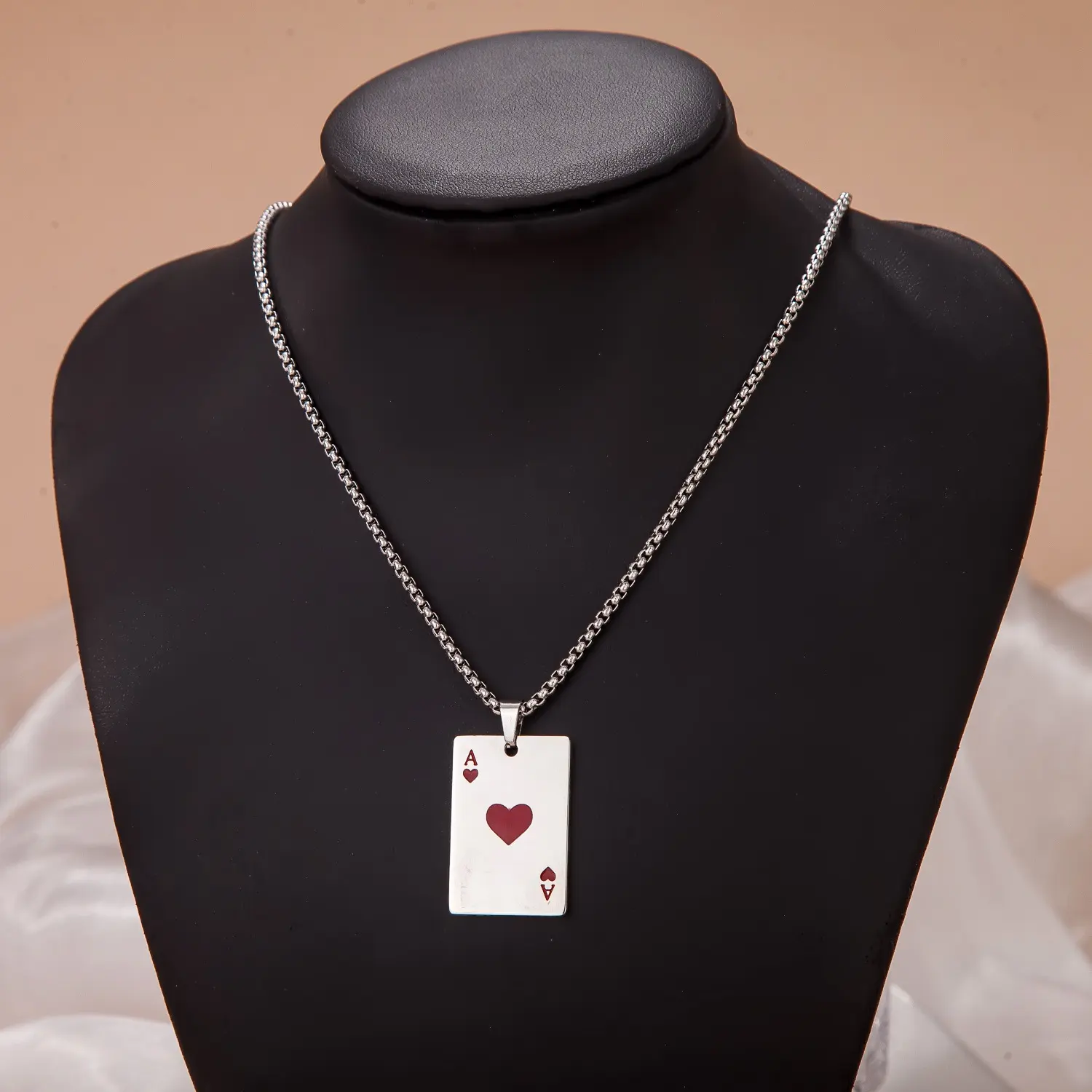Stainless Steel Red Heart A Square Pendant Necklace