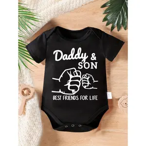 Cute Baby Bodysuit With Daddy And Son Best Friends For Life Fist Bump Print Soft Versatile Round Neck Button Detail Regular Fit All Seasons Knitted Fabric Onesie For 0-12 Months