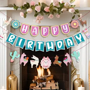 Llama Cactus Happy Birthday Banner Garland, Set of 2 for Baby Shower, Cinco De Mayo, Mexican Fiesta, Party Decorations, Graduation Supplies