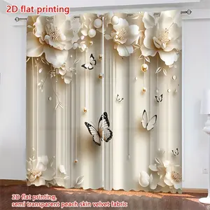 2D Flat, 2pcs, 2D Flat Printing, Christmas Curtain Fabric Is Thin, Semi Transparent Perforated Curtain, Modern Style Floral 3D CurtainsSuitable for Home Decoration Such as Bedrooms, Living Rooms, Kitchens, Cafes, and Study Rooms., 2D Flat
