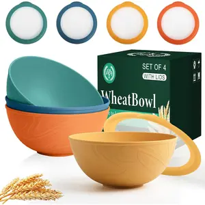Homienly Wheat Straw Bowls with Lids, 40 OZ Cereal Bowls with Lids, 4 Sets, Alternatives to Plastic Bowl, Salad Container for Lunch, Microwave and Dishwasher Safe Bowl for Kitchen, RV, Camping, Multi
