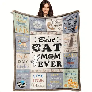 Cat Mom Flannel Throw Blanket, Best Cat Mom Ever Print Soft Warm Cozy Plush Blanket, Durable for Couch Bed Office, Cat Lover Gift & Home Decor