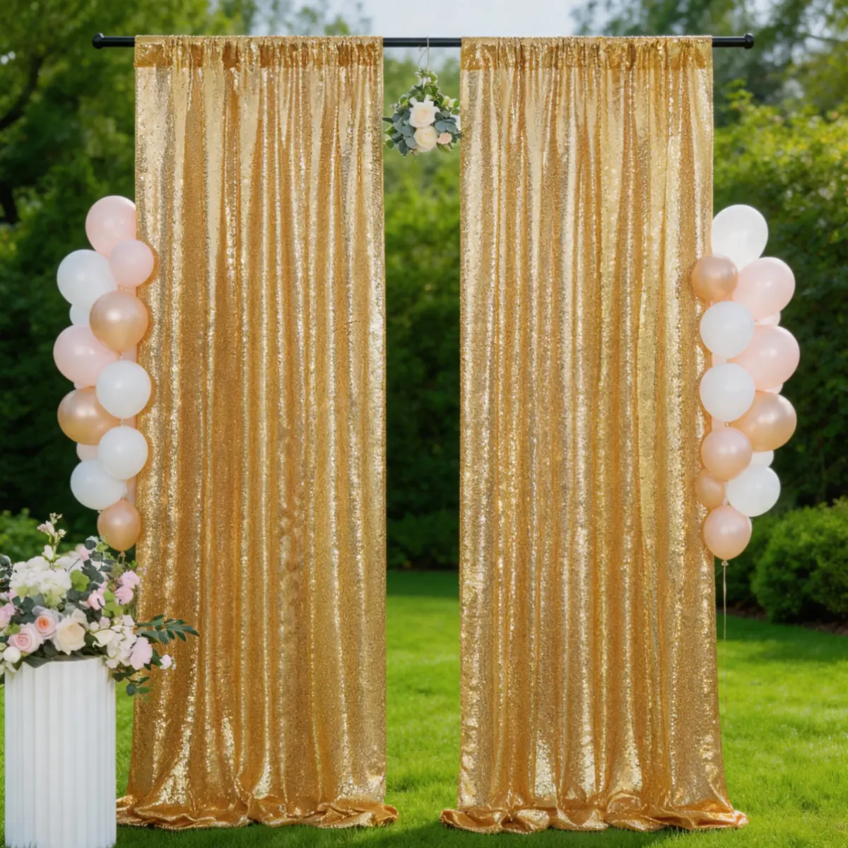 Gold Sequin Shimmer Curtains 2 Pcs 2x8ft, Radiant Glitter Backdrop for Bridal Shower, Anniversary, Candy Buffet, Arch Decor, Stage Photography