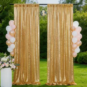 Gold Sequin Shimmer Curtains 2 Pcs 2x8ft, Radiant Glitter Backdrop for Bridal Shower, Anniversary, Candy Buffet, Arch Decor, Stage Photography