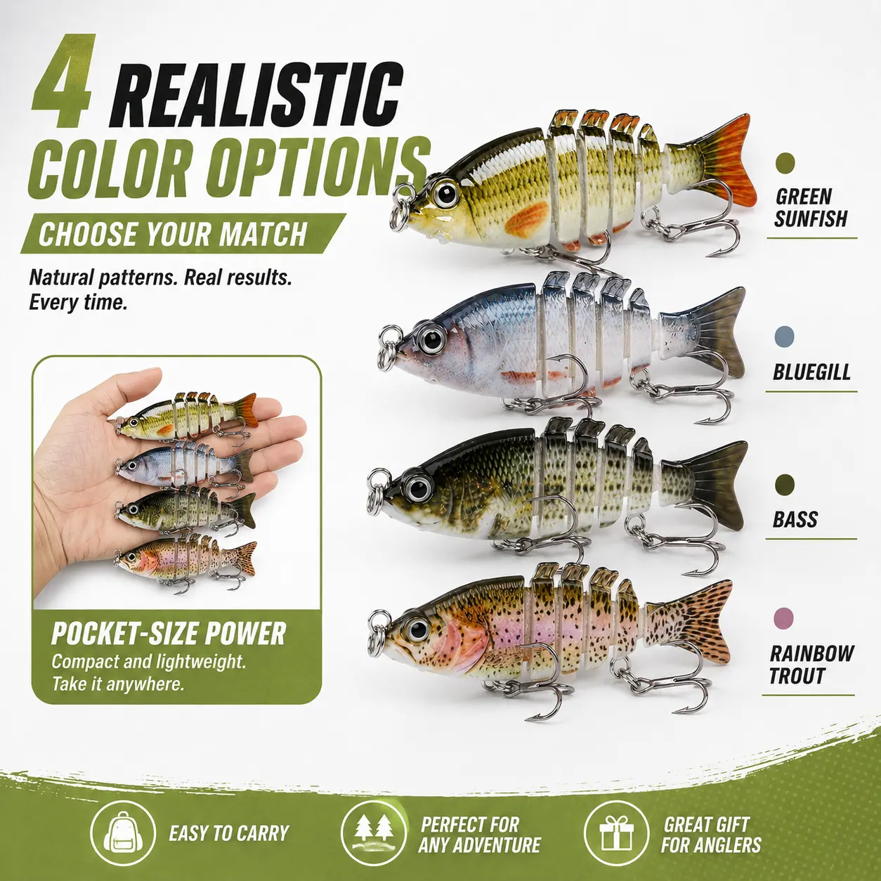 Hard Plastic Swimbaits, 4-Piece Multi-Jointed Slow Sinking Lures with a Realistic Look and Treble Hooks for Freshwater Bass and Pike, Fishing Lures