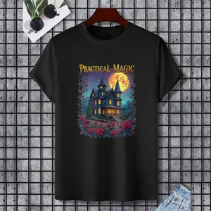 Practical Magic Witchy Halloween Love Vintage Witch Magic T-Shirt, 100% Cotton, Single Side Printed, Black Short Sleeve T-shirt, Gift for Family Friends, S-XXXL, 1 pc, Fabric Weight 180g