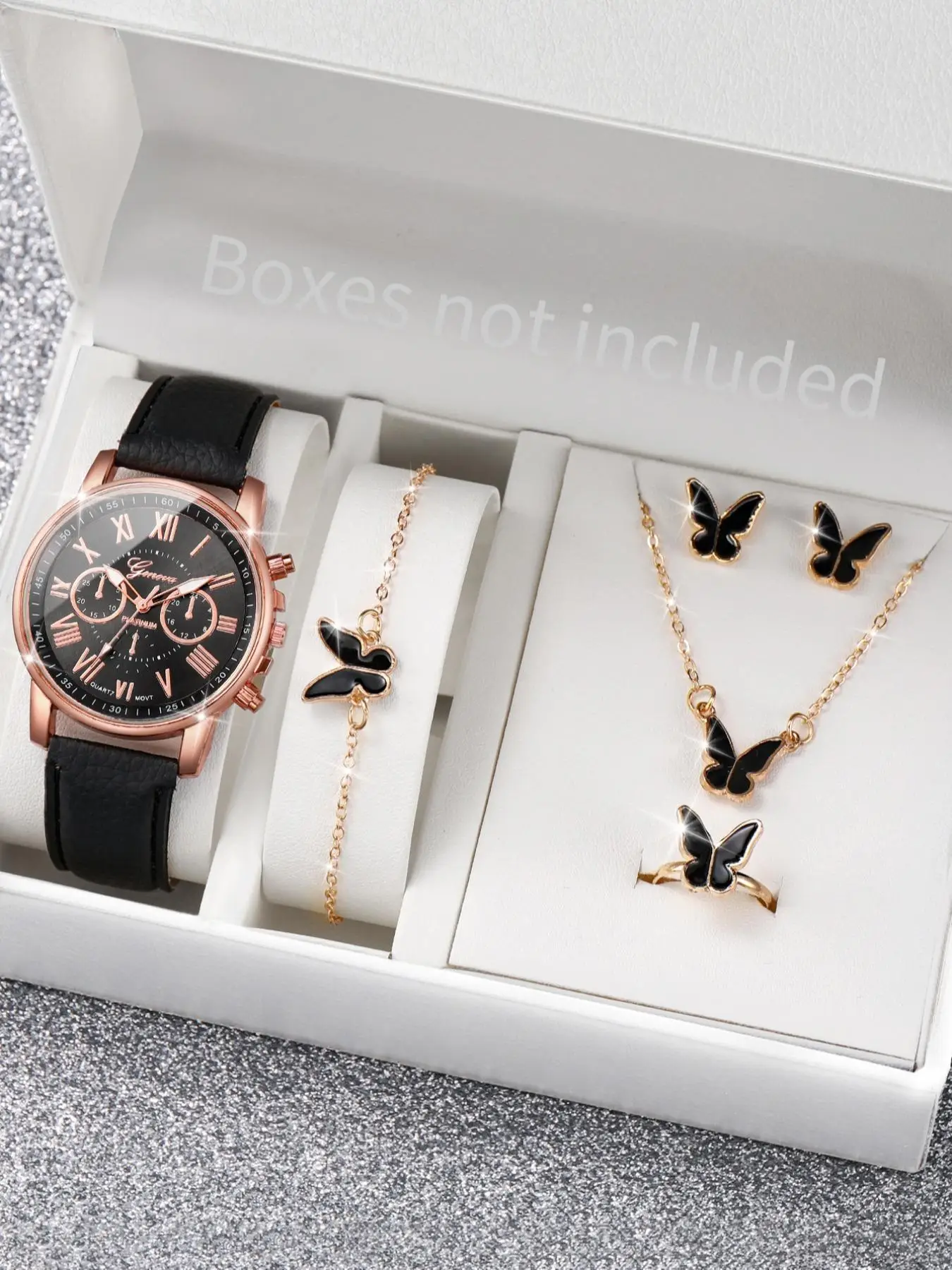 Women's 6pcs/set Luxury Fashion Elegant Temperament Round Dial Quartz Watch with Butterfly Charm Bracelet & Necklace & Ring & Stud Earrings Jewelry Se