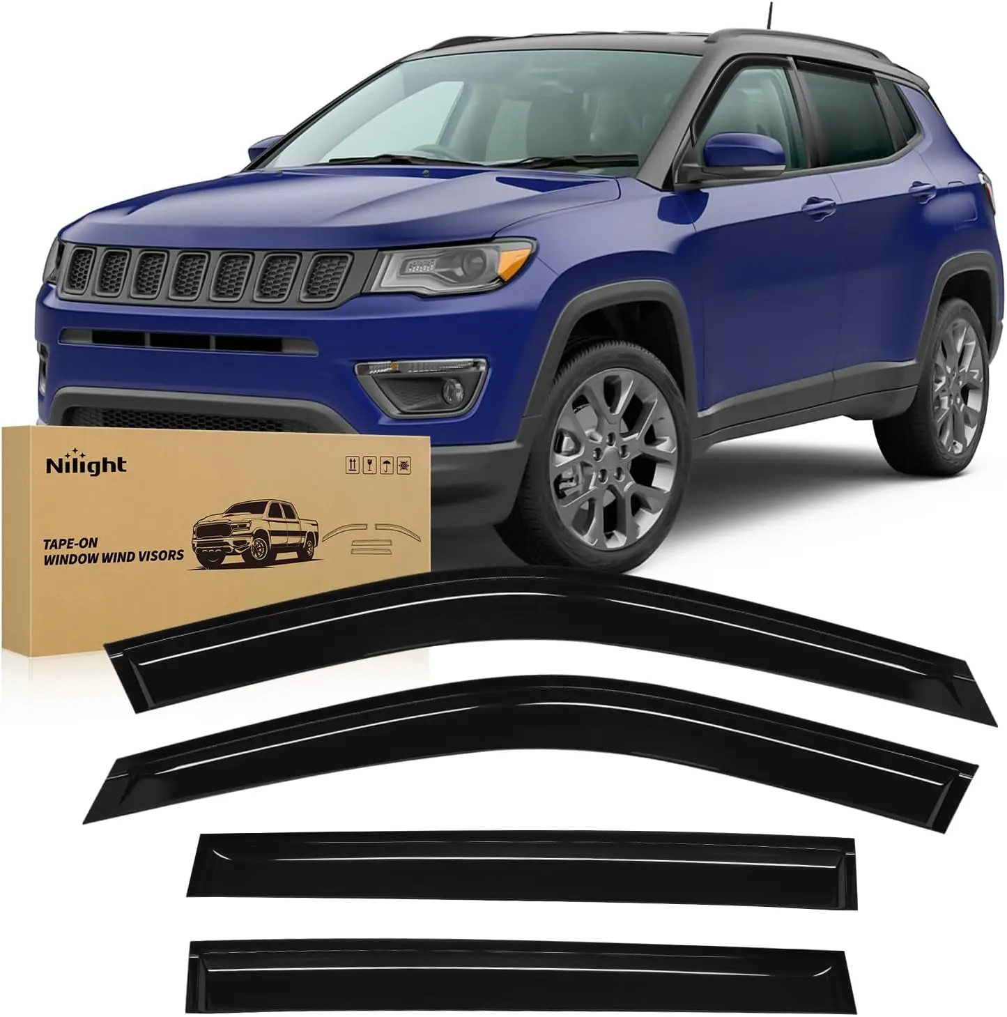 Nilight Side Window Visors for Jeep Compass 2017-2024, 4PCS Tape-On Acrylic Glass Wind Guards, Car Exterior Wind Deflectors Accessories, Glass Wind Guard