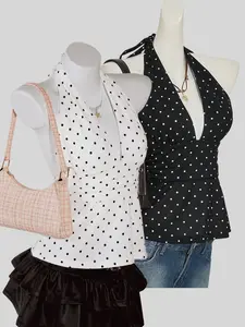 Women's Plain Polka Dot Bow Tie Vest Set, Fashionable Two-Piece Backless Top, Casual Summer Wear, Ladies' Stylish