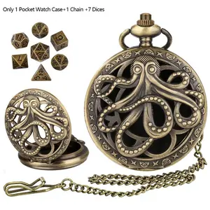 7pc Mini Size Metal Polyhedral Dice with Bronze Hollow-out Octopus Empty Pocket Watch Case and Pendant Chain,Tabletop Role Play Game Accessories,Indoor Gathering Gaming Dices