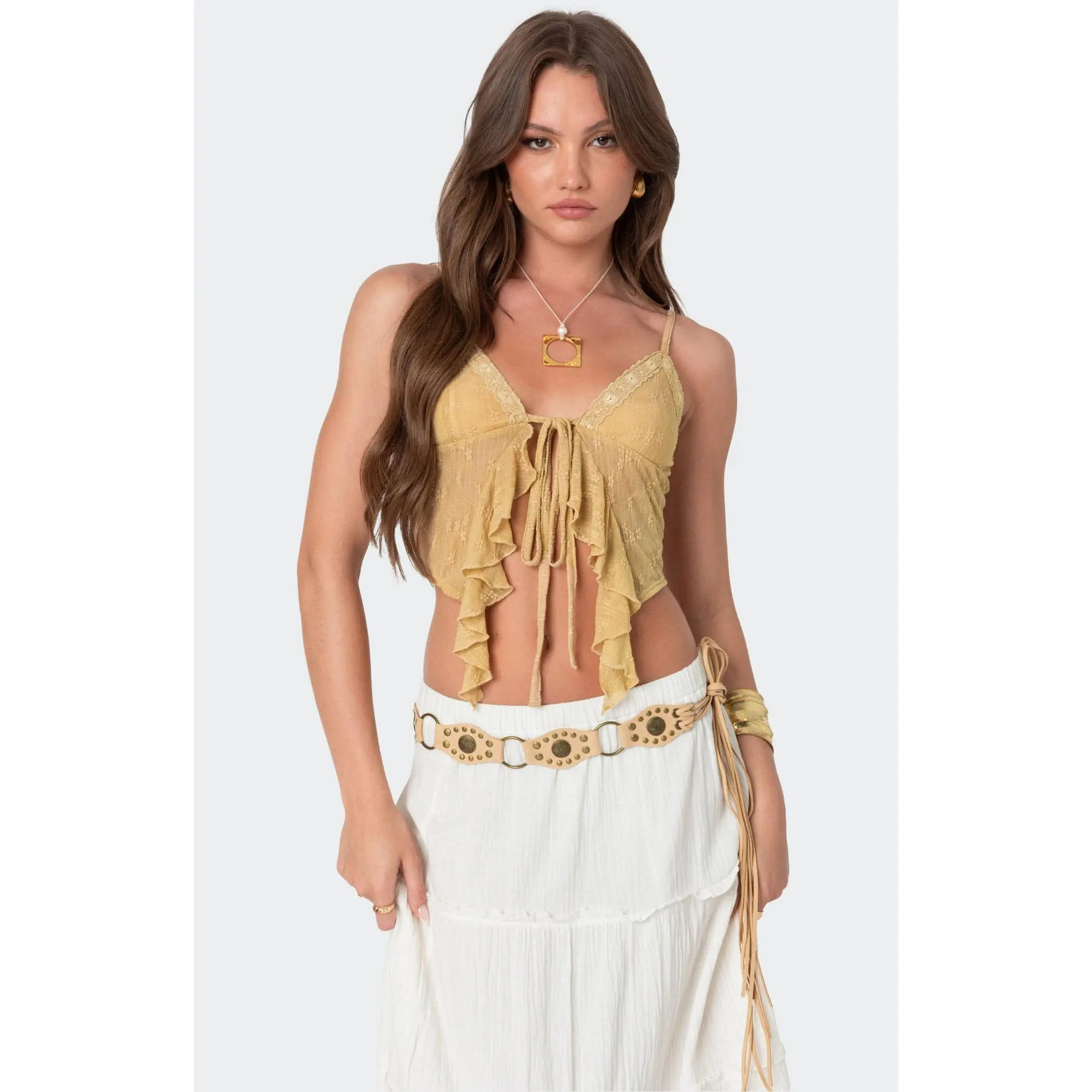 Edikted Women's Yola Embroidered Tie Front Top