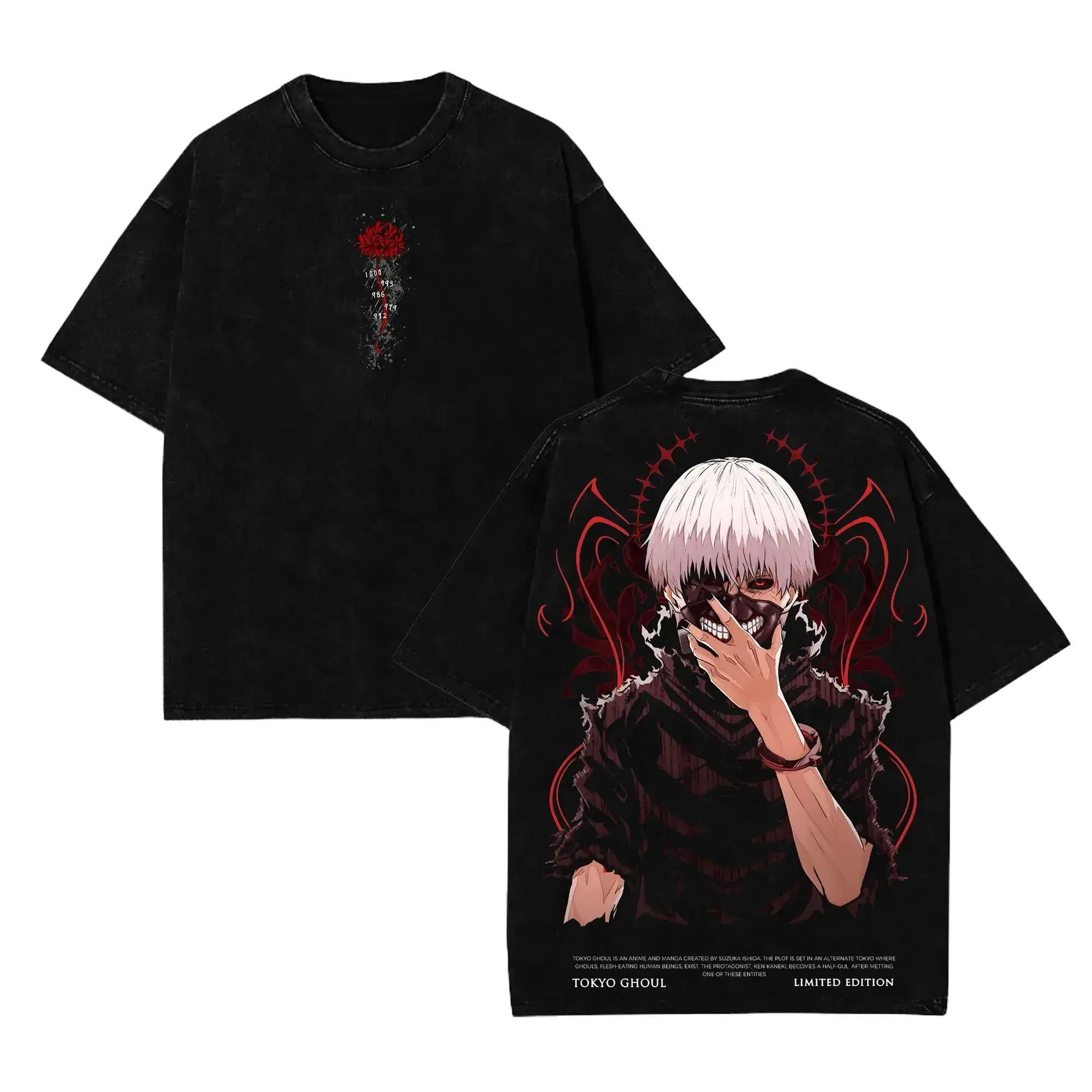 Men's Vintage Washed Ken Kaneki Tokyo Ghoul Double-Sided Graphic Premium Cotton T-Shirt - Red Spider Lily Limited Edition Oversized Dark Anime Streetwear, Baggy Seamless Soft Breathable Short-Sleeve Menswear Tops
