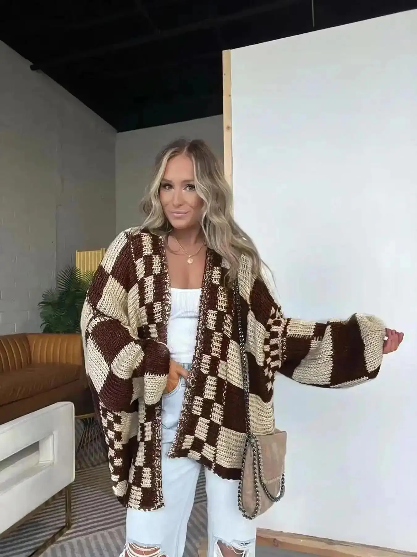 Women's Plaid Knit Cardigan, Lantern Sleeve Loose-Fitting Sweater, Casual Fall & Winter Fashion, Unique Design, New Arrival Knitwear, Outerwear, Cozy, Versatile, Comfort, Wear, Style, Outfit, Essential