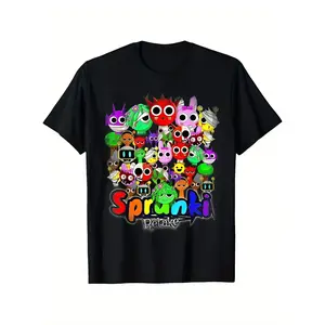 Boys' Funny Sprunki Game Cotton T-Shirt – Vibrant Character Graphic, Round Neck, Regular Fit, Comfortable All-Season Tee, Playful Casual Clothing for Tween Boys