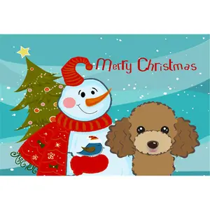 212 MAIN Rectangular Polyester Washable Fabric Placemat - Snowman With Chocolate Brown Poodle Design, Artist-Curated Kitchenware, Dinnerware, Coaster-Compatible Home Table Accessory