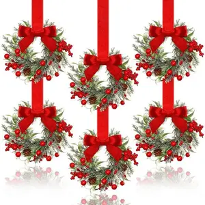 6-Pack Christmas Mini Window Wreaths | Ribbon Bows & Red Berries Decor - Small Cabinet Hangers, Farmhouse Style for Kitchen Door, Perfect for Christmas Party Arrangements