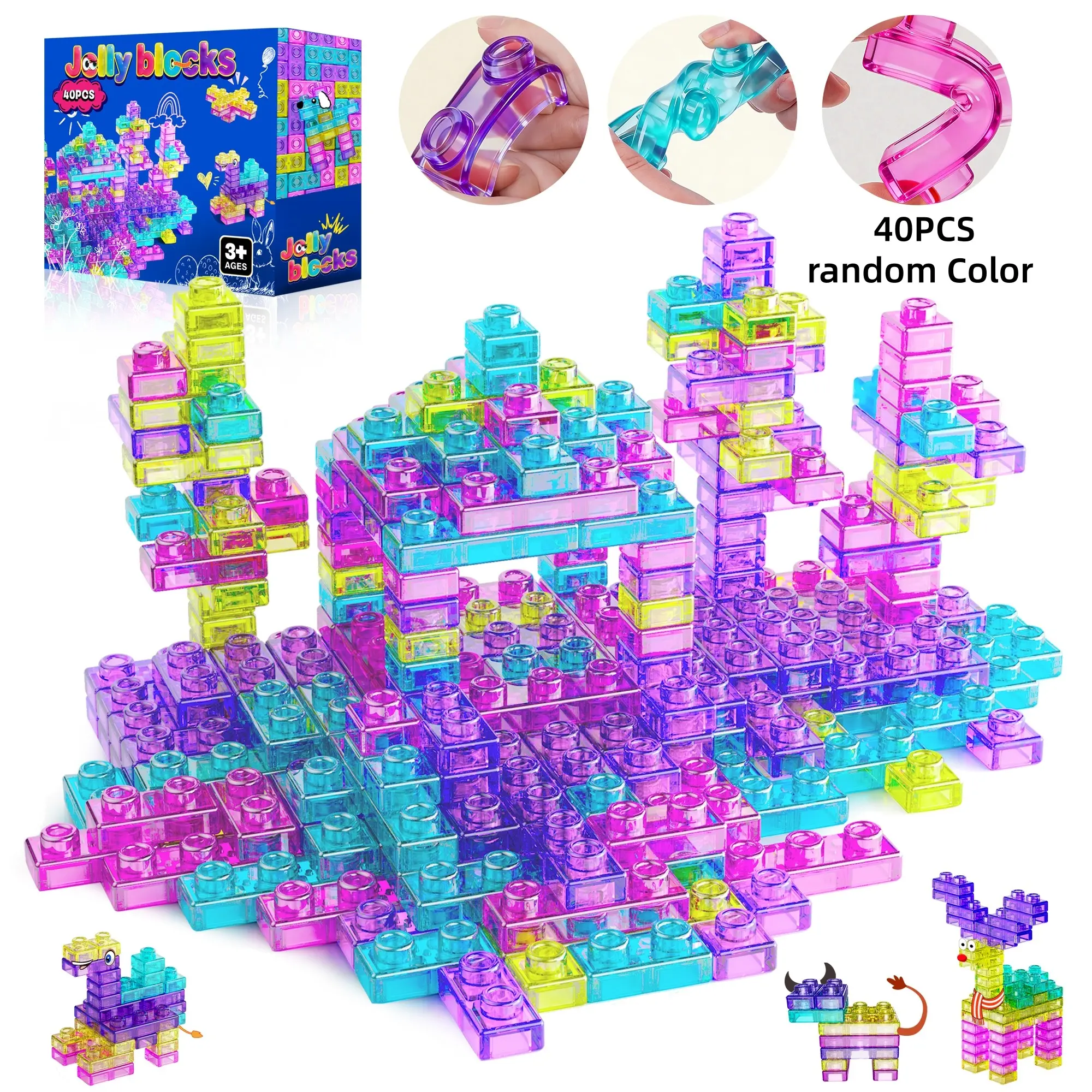 Soft Jelly Blocks-40PCS Squishy Multi-color Stacking DIY Building Blocks Toy Set for Toddlers, Creative Building Set, Safe Squeezable & Stretchable Blocks, Non-Toxic Sensory Play, Washable Bath Toy for Kids 3+, STEM Learning Gifts, Stacking Block Game