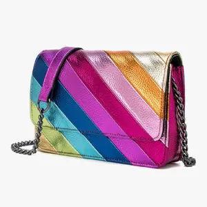 Crossbody Shoulder Bag for Women Color Blocking PU Leather Colourful Purse with Chain Strap