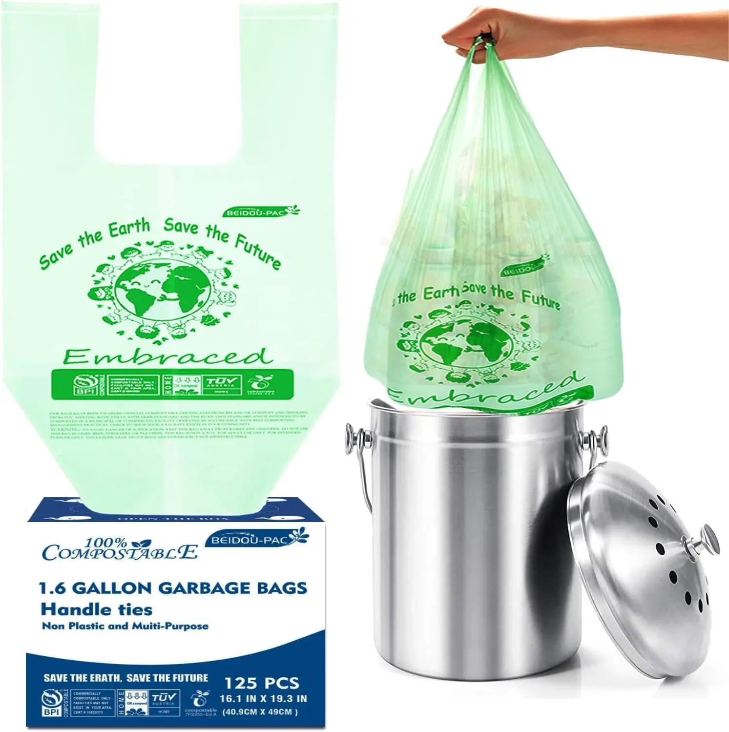BEIDOU-PAC 1.6 Gallon Certified Compostable Trash Bags with Handle, 125 Count Small Compost Kitchen Garbage Bags, Food Scrap Waste Bags for Countertop Bin, Meets ASTM D6400 US BPI Certified