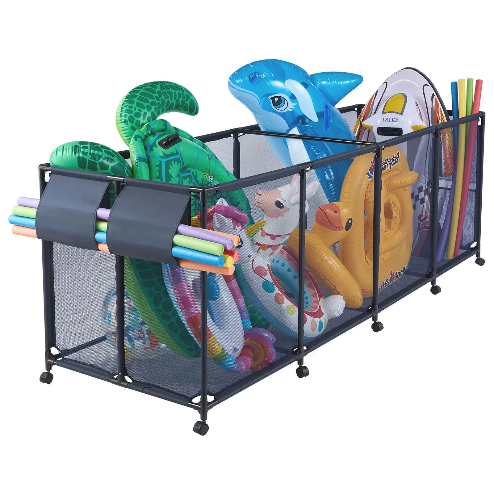 【Summerfinds】VEVOR Pool Storage Bin,103 x 32 x 35 inRolling Pool Float Storage Organizer with Side Pockets & Noodles HolderDurable Metal FramePoolside Toys Breathable Mesh Basket for Swimming Pools