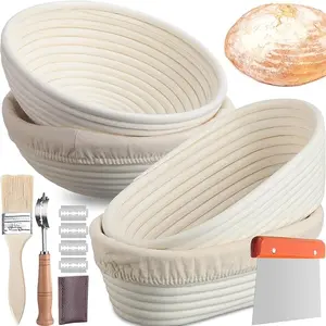 Mifoci 4 Packs Sourdough Proofing Basket Set Banneton Bread Proofing Baskets 9 Inch Round and 10 Inch Oval Proofing Baskets for Bread Baking with Bread Scorer Dough Scraper Linen Liner Basting Brush