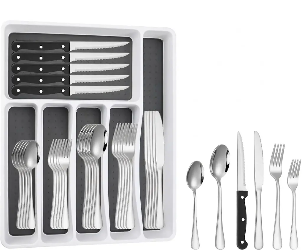 48pcs  Silverware Set With Organizer, With Steak Knives Service For 8, Christmas Stainless Steel Flatware Set, Mirror Polished Kitchen Accessories, Home Kitchen Party Eating Utensils Tableware Set, Cutlery Set Include Fork Knife Spoon Set, Dishwasher Safe
