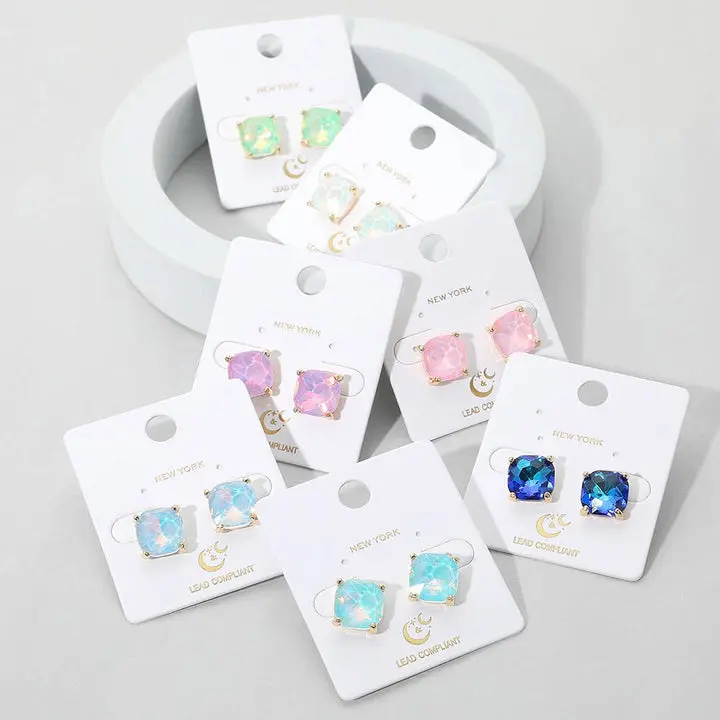 Cushion Square Stone Stud Evening Earrings