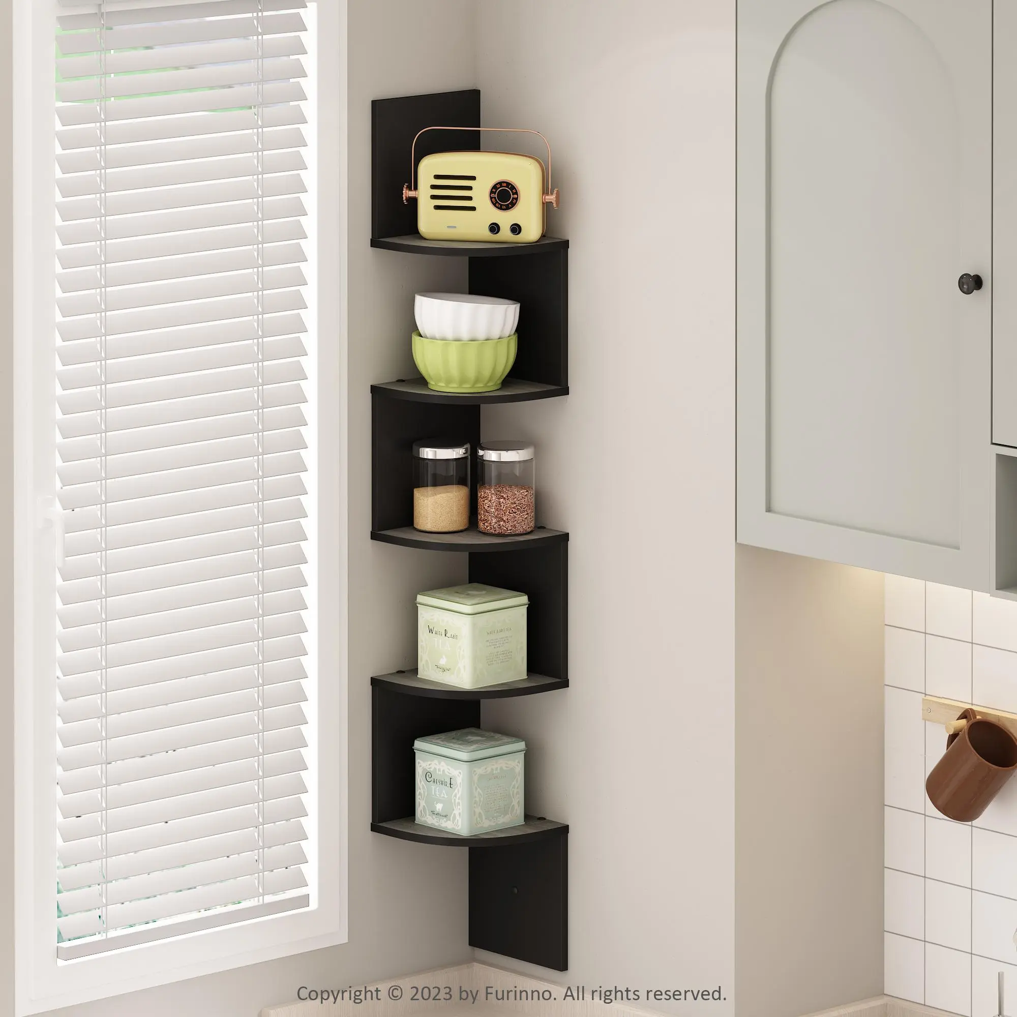 ROSSI 5-Tier Wooden Floating Corner Shelf - Durable Zigzag Radial Wall Organizer Shelving & Storage, French Oak, 7.8d x7.8w x48.8h in, Decorative Unique Decor Photo Holder, Wall-Mounted Storage Solutions for Bedroom