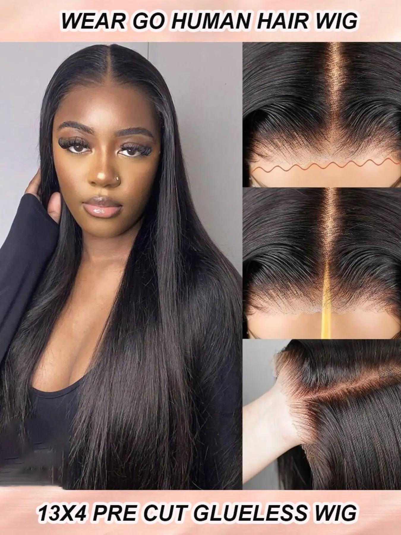 13x4 Glueless Pre Cut Lace Straight Hair Lace Frontal Wigs With Pre Bleached Knots Wear GO Wigs Beginner Friendly Human Hair Wigs 180 Density Full 13x4 Lace Front Human Hair Wigs Lace Closure Wig