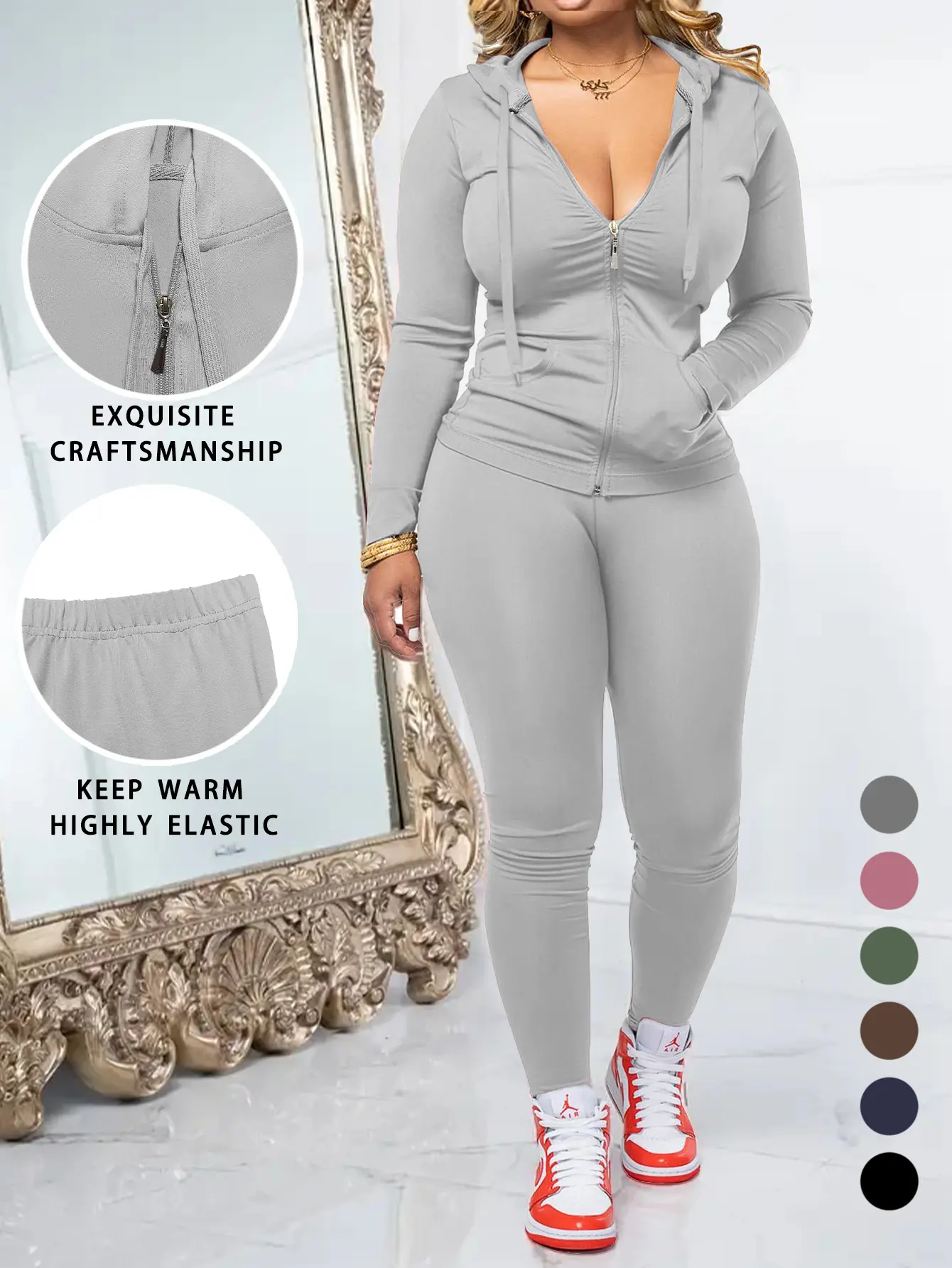 AUXDIO Women's Casual Zip-Up Hoodie & Jogger Set & Fitness & yoga Outdoor Streetwear 2-Piece Matching Outfit Long Sleeve Basic Navyblue Medium Vneck Clothes Womenswear Sweatsuits Set Sporty High Stretch